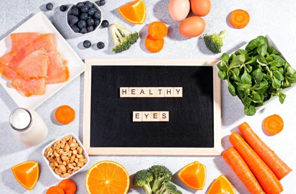 Assorted foods for eye health. Maintaining a balanced diet full of vitamins and minerals can help ensure your eyes have the nutrients they need to function well