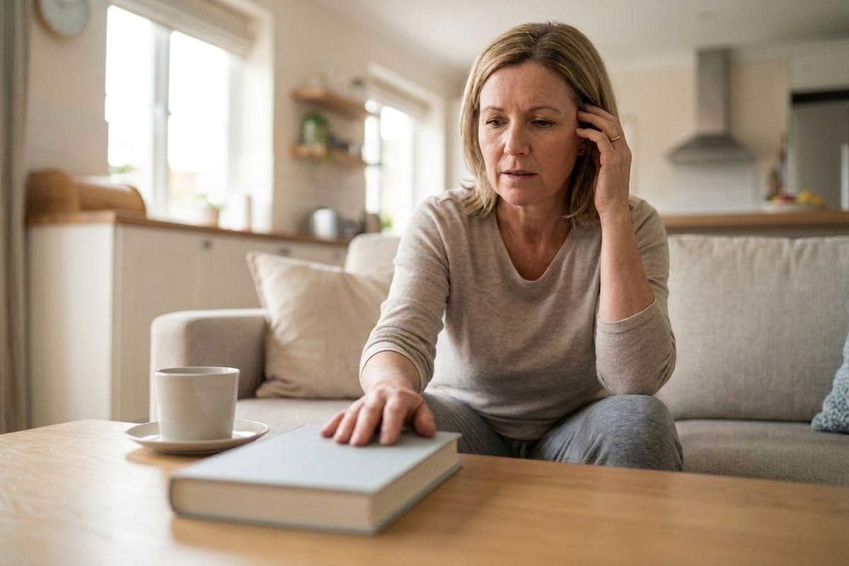 A concerned adult sits on a living room sofa, holding one hand to their head and resting the other on a closed book on a coffee table.
