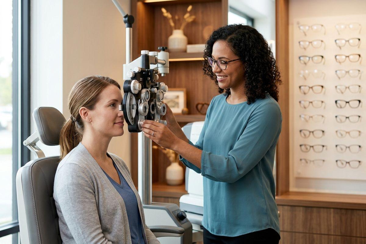 Smiling optometrist adjusts an eye exam machine for a seated adult patient in a clinic.