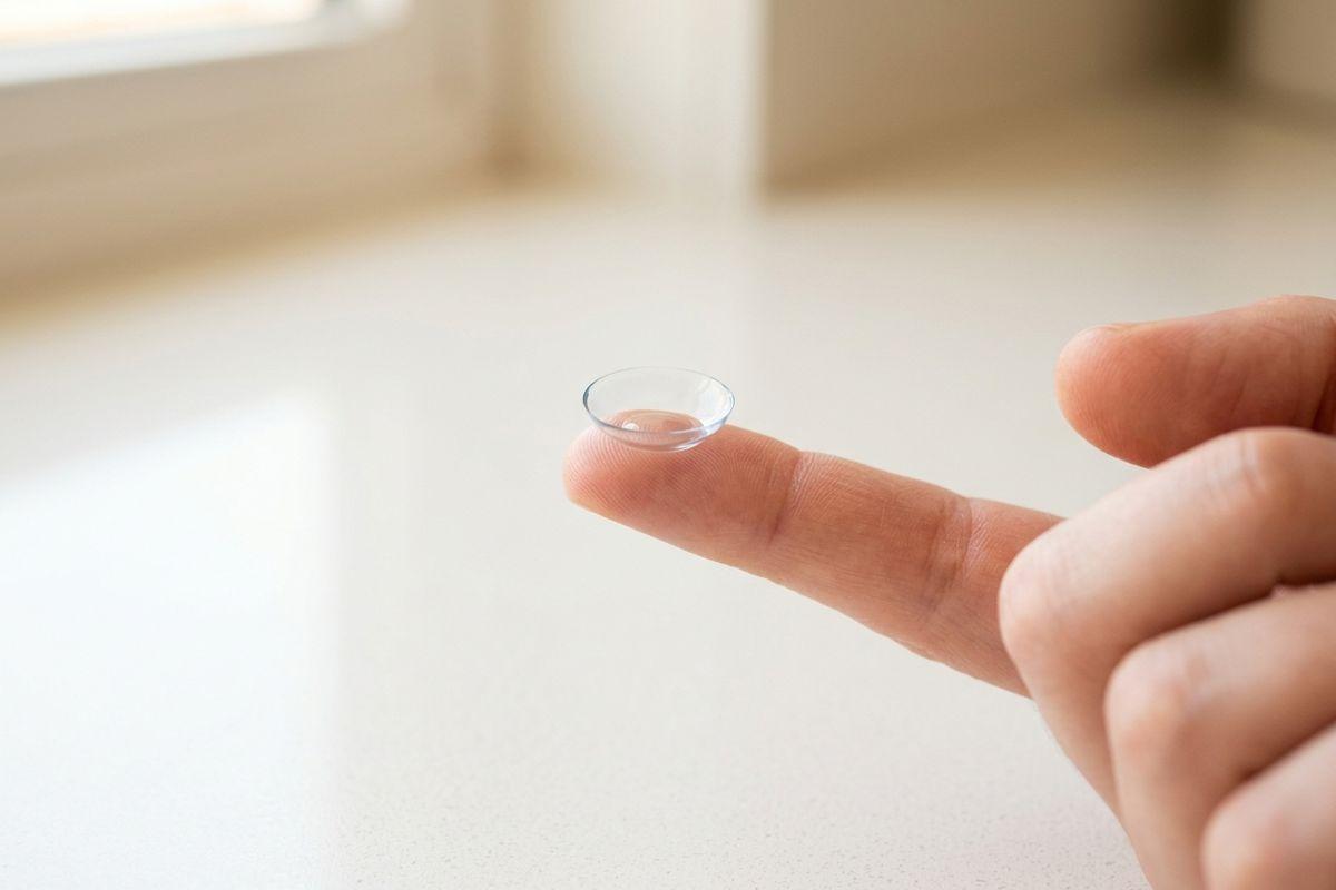 A contact lens balanced on the tip of a person's index finger.
