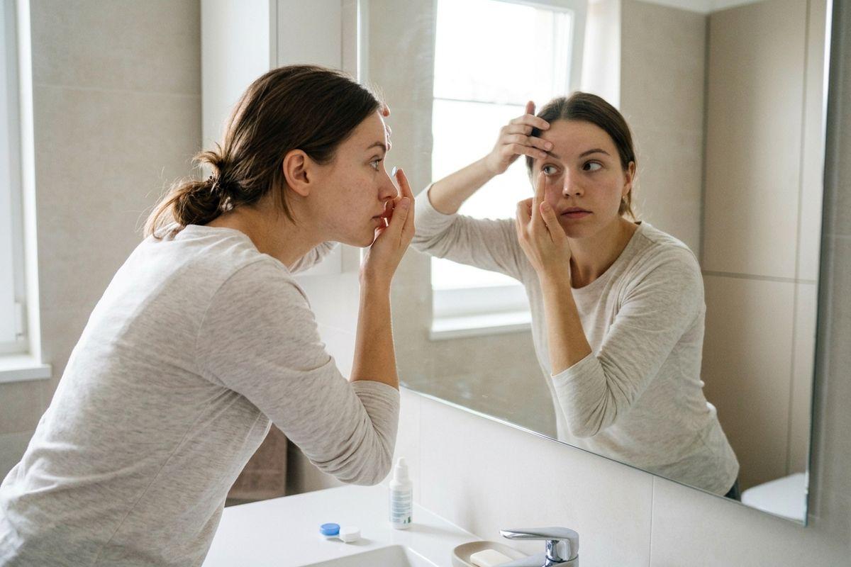 A person leaning toward the bathroom mirror, inserting a contact lens, with the lens case and solution on the counter.