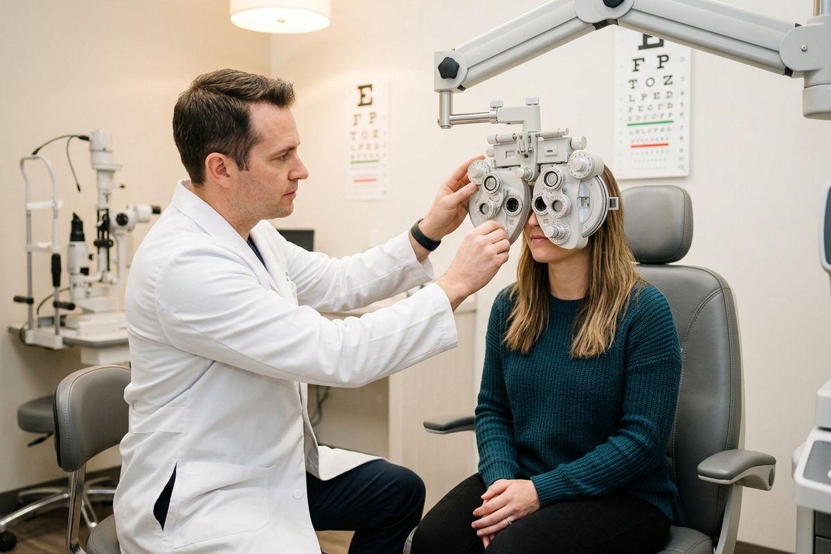 An optometrist adjusts a phoropter during an eye exam as a patient looks through it, with eye charts on the wall.