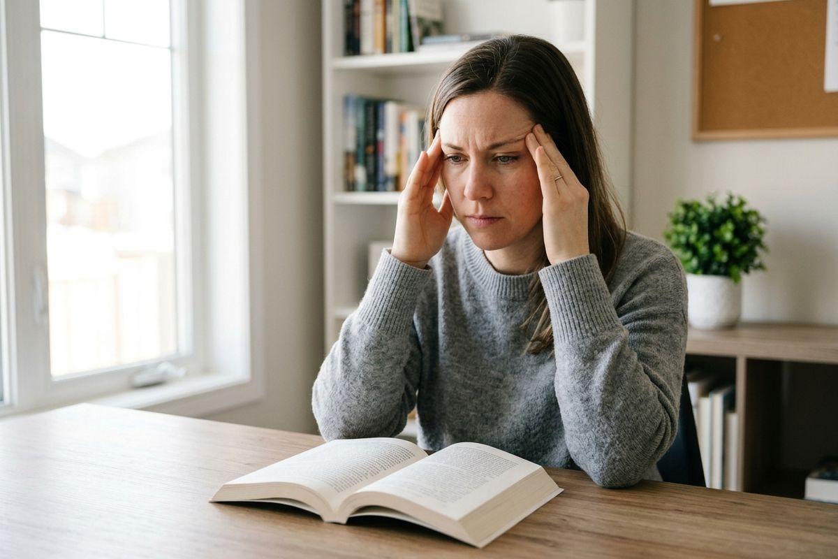 Person pressing fingers to temples while looking at an open book on a table, appearing strained.