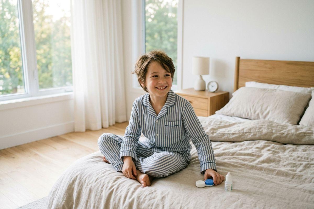 A child in striped pyjamas sitting cross-legged on a bed, smiling, beside a contact lens case and solution.