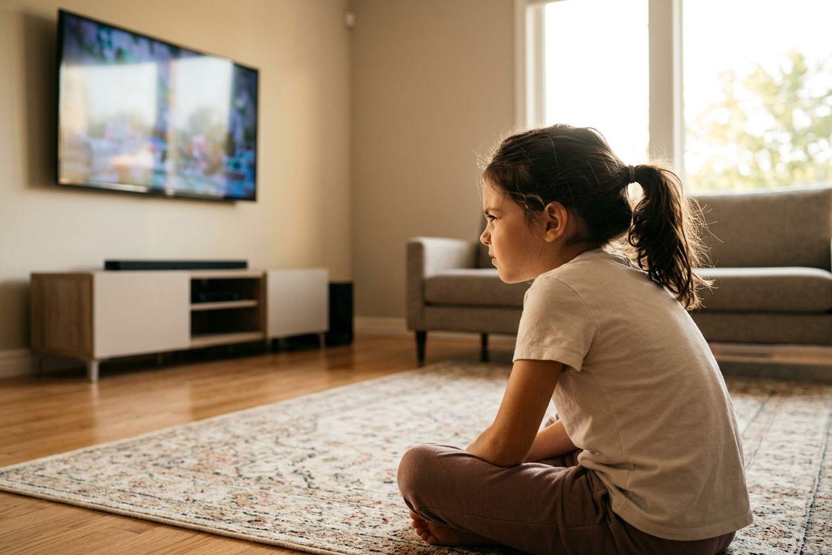 A focused child sits cross-legged on a living room rug, watching a flat-screen television.
