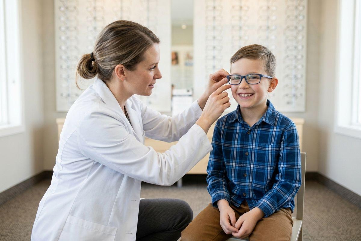 An optometrist adjusts blue glasses on a smiling child in an eye clinic.