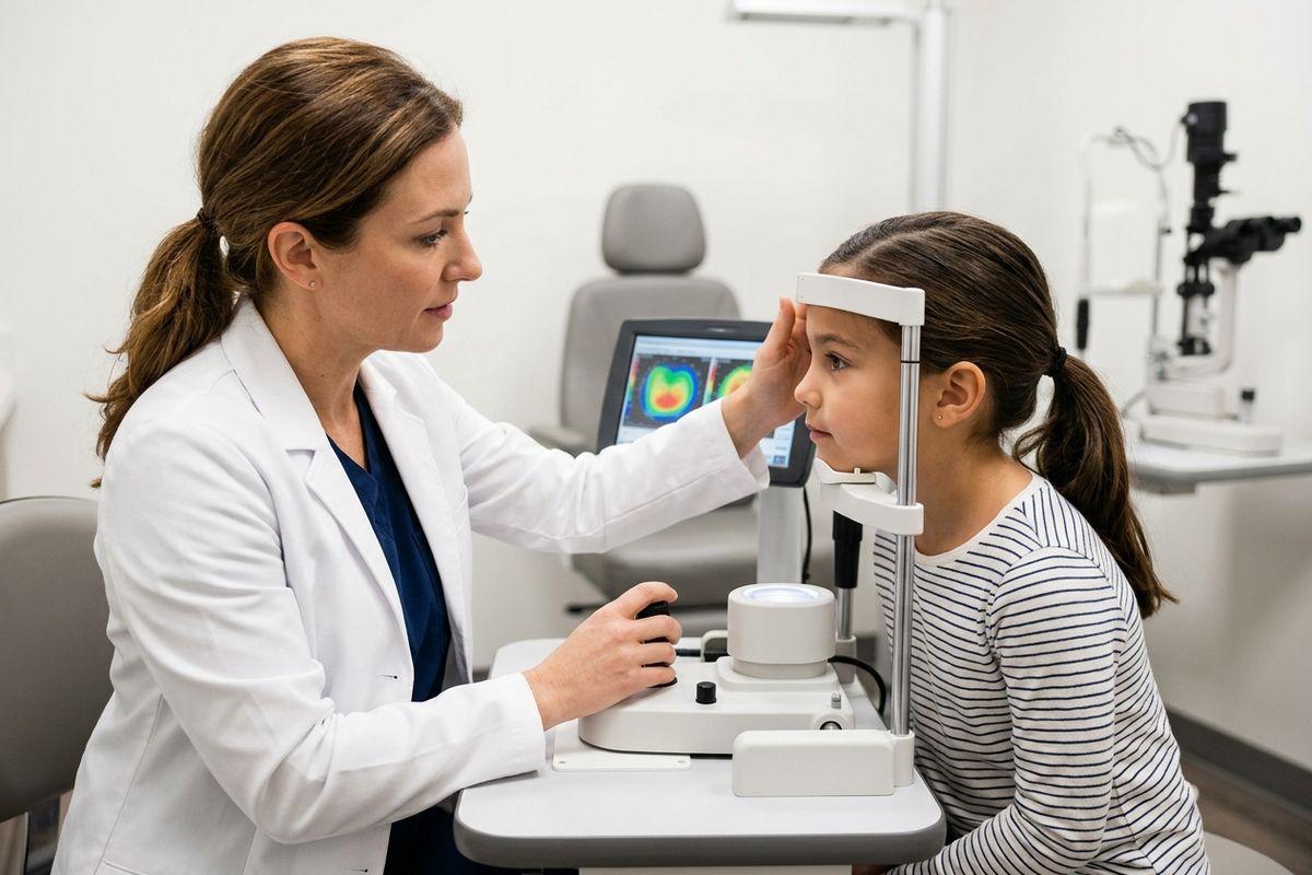 An optometrist examines a child's eyes using equipment in an exam room.