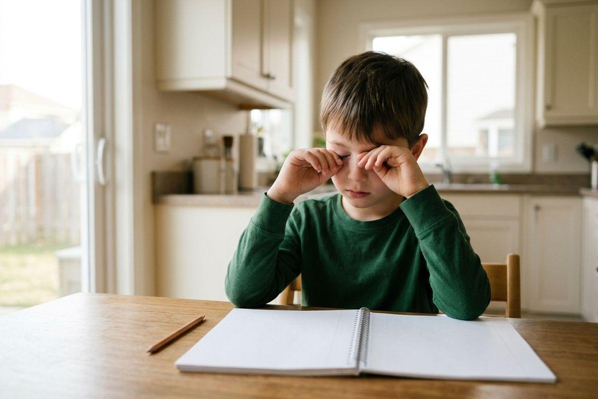 A child in a green shirt rubbing both eyes while sitting at a kitchen table with an open, blank notebook and a pencil.