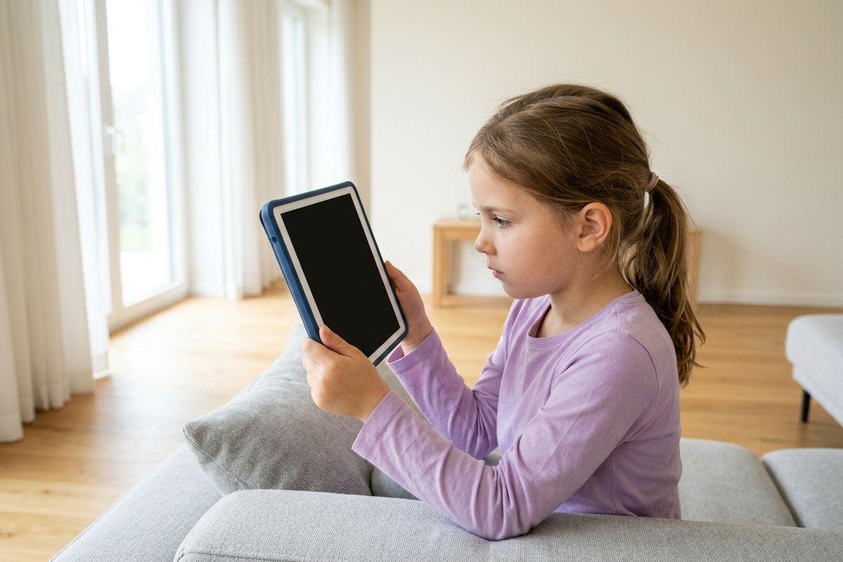 A child in a purple top sits on a grey sofa, holding a tablet close to their face and looking at a blank screen.
