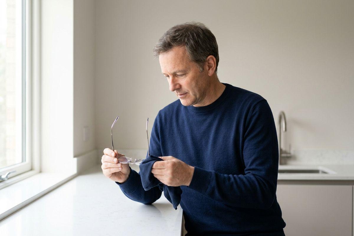 An adult in a navy sweater cleaning their eyeglasses with a cloth, standing at a white kitchen counter beside a window.