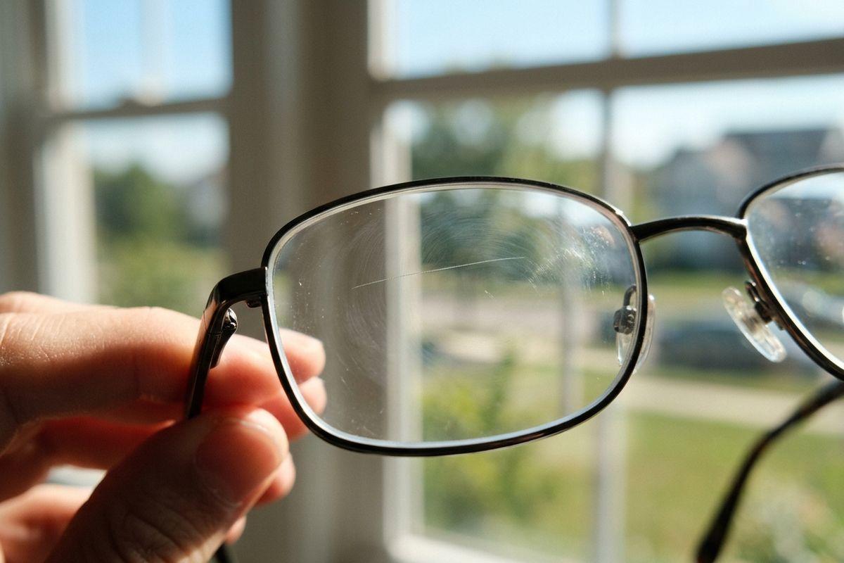 Hand holding up scratched eyeglasses in front of a sunlit window, with blurred greenery and houses outside.